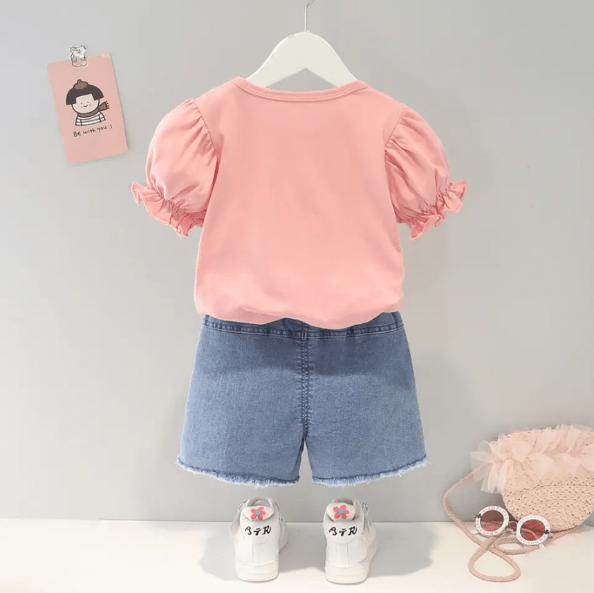 Girls Clothing Set (Blue Jeans & Yellow Pink Short Sleeve Bunny T-Shirt)