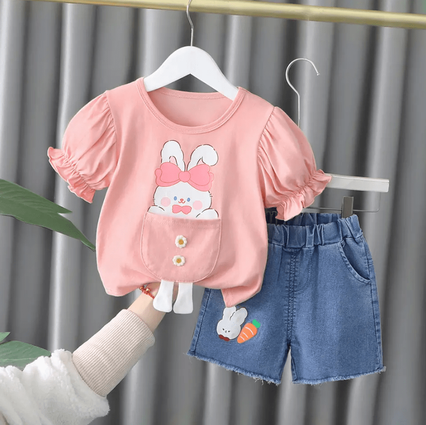 Girls Clothing Set (Blue Jeans & Yellow Pink Short Sleeve Bunny T-Shirt)