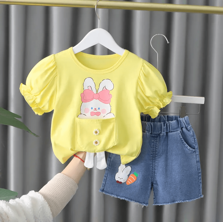 Girls Clothing Set (Blue Jeans & Yellow Pink Short Sleeve Bunny T-Shirt)