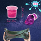 Pink and purple slime in containers with measurements on a starry background