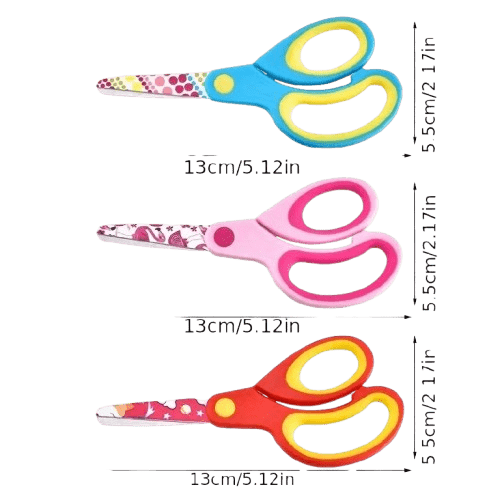 Safe, colorful left-handed kids scissors with blunt tips and soft grips. Perfect for school crafts and home projects. 1 piece per pack in a random color.