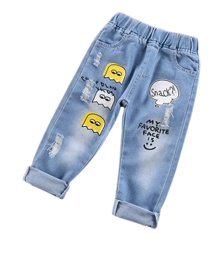 Boys Cartoon Jeans With Ripped Pockets & Colorful Decoration