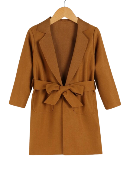 Brown Belted Long Sleeve Girls Long Overcoat