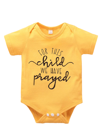 "For this child we have prayed" graphic short-sleeve yellow bodysuit for baby