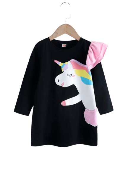 Girls Long Sleeve Unicorn Black Dress