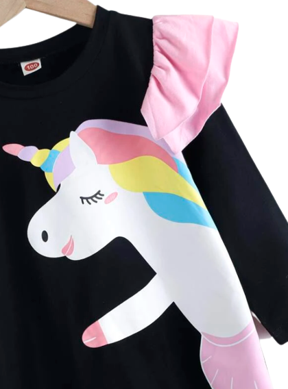 Girls Long Sleeve Unicorn Black Dress