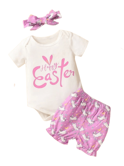 Happy Easter Bunny New Born Bodysuit, Shorts & Head Band Clothing Set  - Purple & White For Girls