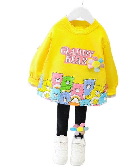 Character Bear Warm Winter Girls Kids Clothing Set - Long Sleeve Yellow Sweater Top and Colorful Black Pants Huggie Leggings Tight | Adorbs Online