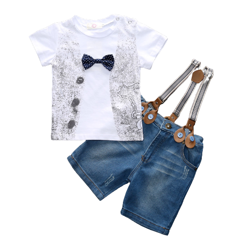 Toddler Kids Boys Shirt & Pants Clothing Set Short Sleeve T-Shirt White and Suspender Short Jeans | Adorbs Online