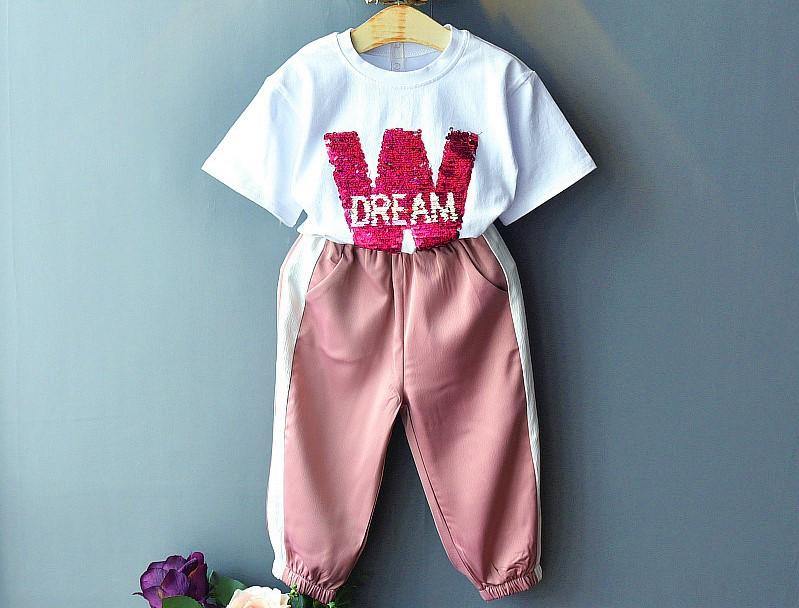 Kids Girls Clothing Set Pink Short T-Shirt, Pink and White Trackpants Trouser | Adorbs Online