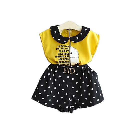 Summer Spring Short Kids Girls Clothing Set Poker Dots Shorts and Yellow Short Sleeve T-Shirt | Adorbs Online