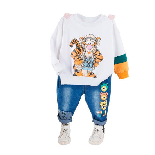 Boys Kids Clothing Set Long Sleeve White T-Shirt Sweater Crewneck and Cartoon Jeans | Adorbs Online