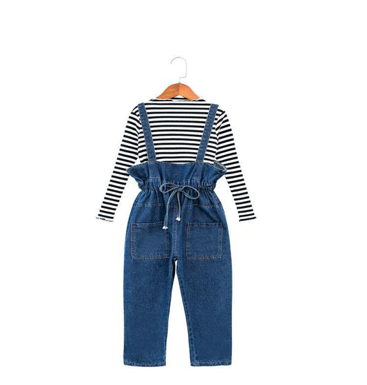Adorbs cute girls children kids clothing set denim high weist pants with striped black and white long sleeve top